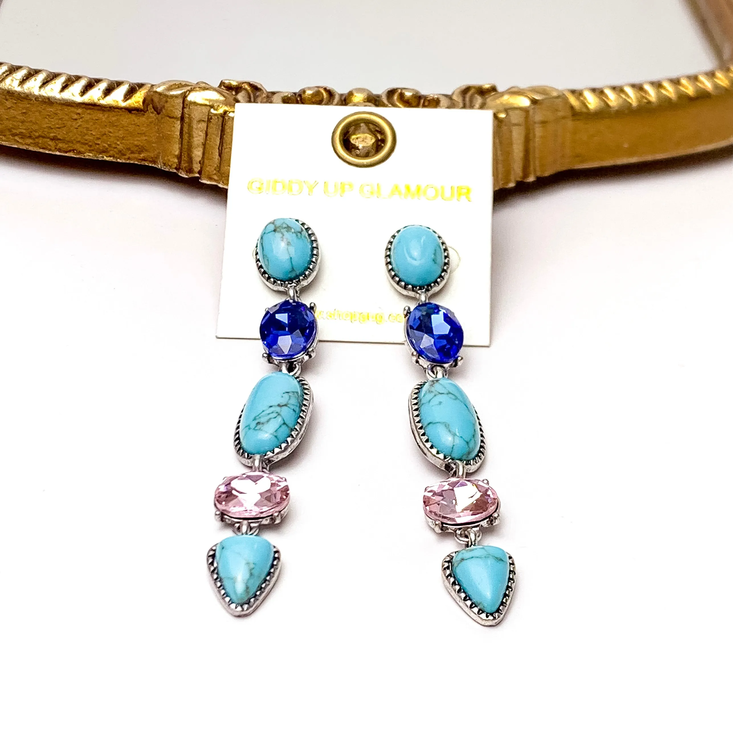 5 Tier Faux Turquoise Stone and Light Pink and Blue Crystal Dangle Earrings