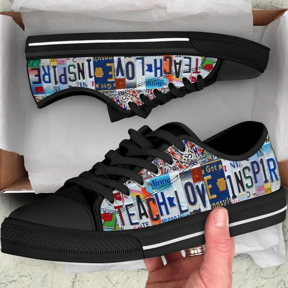 Art Teacher Love Teach License Plates Low Top Black Shoes, Teacher Shoes, Low Top Sneakers