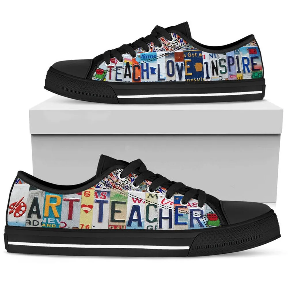 Art Teacher Love Teach License Plates Low Top Black Shoes, Teacher Shoes, Low Top Sneakers