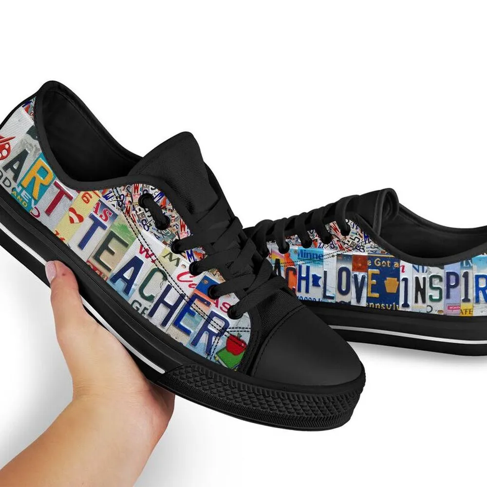 Art Teacher Love Teach License Plates Low Top Black Shoes, Teacher Shoes, Low Top Sneakers