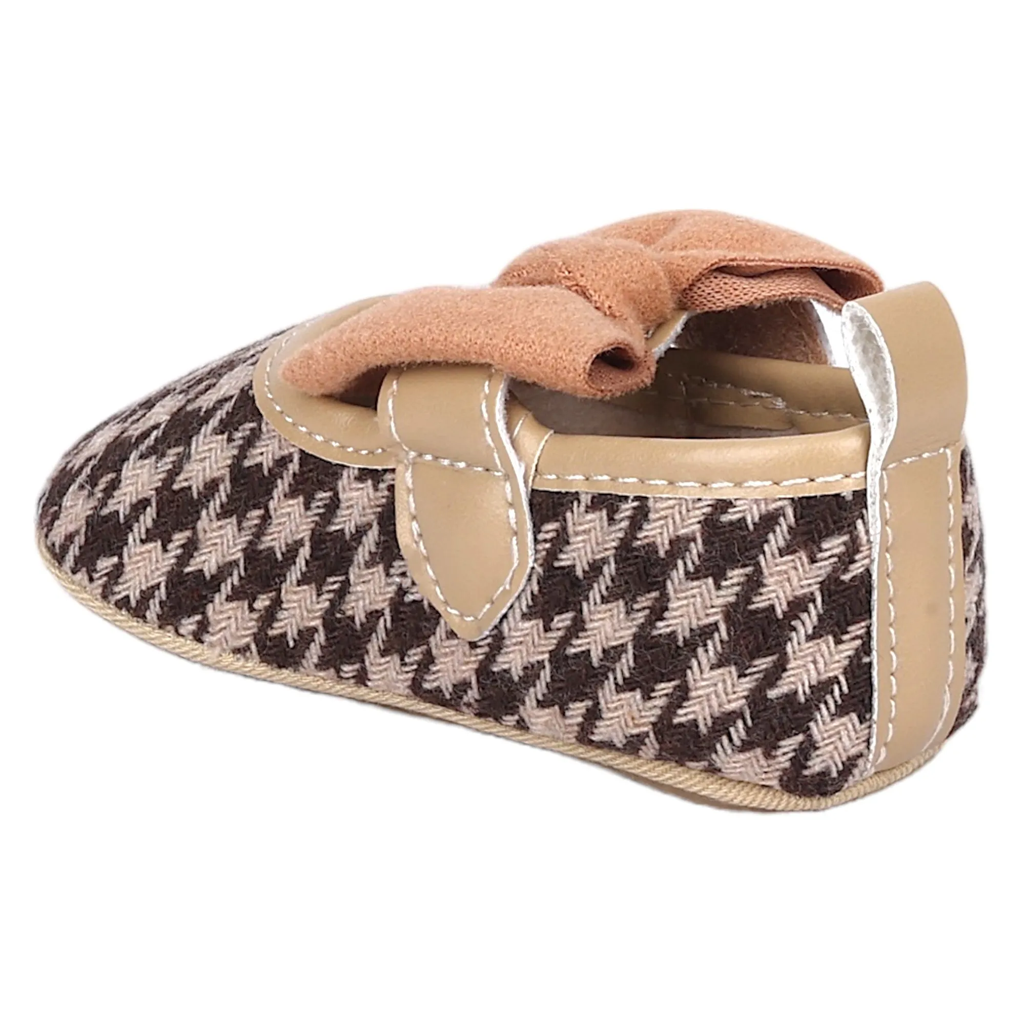 Baby Moo Houndstooth Print with Bow Velcro Strap Anti-Skid Ballerina Booties - Brown