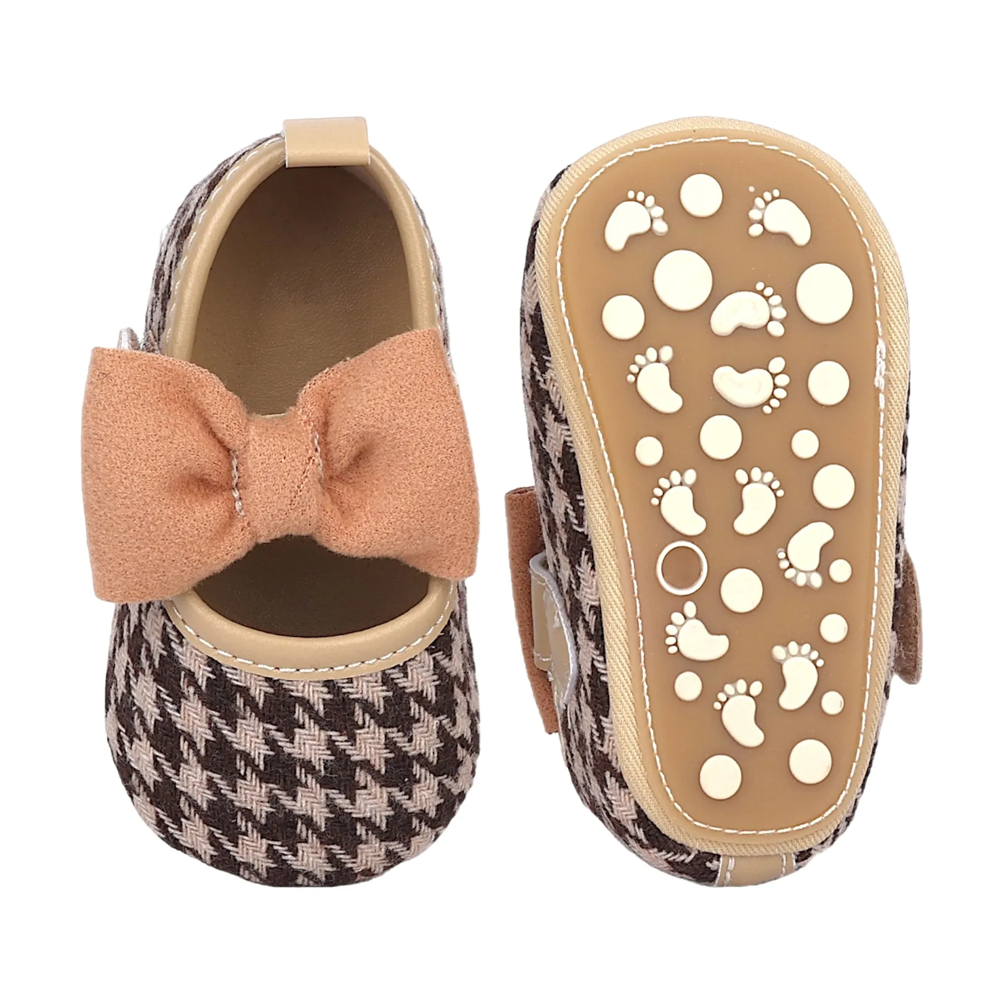 Baby Moo Houndstooth Print with Bow Velcro Strap Anti-Skid Ballerina Booties - Brown