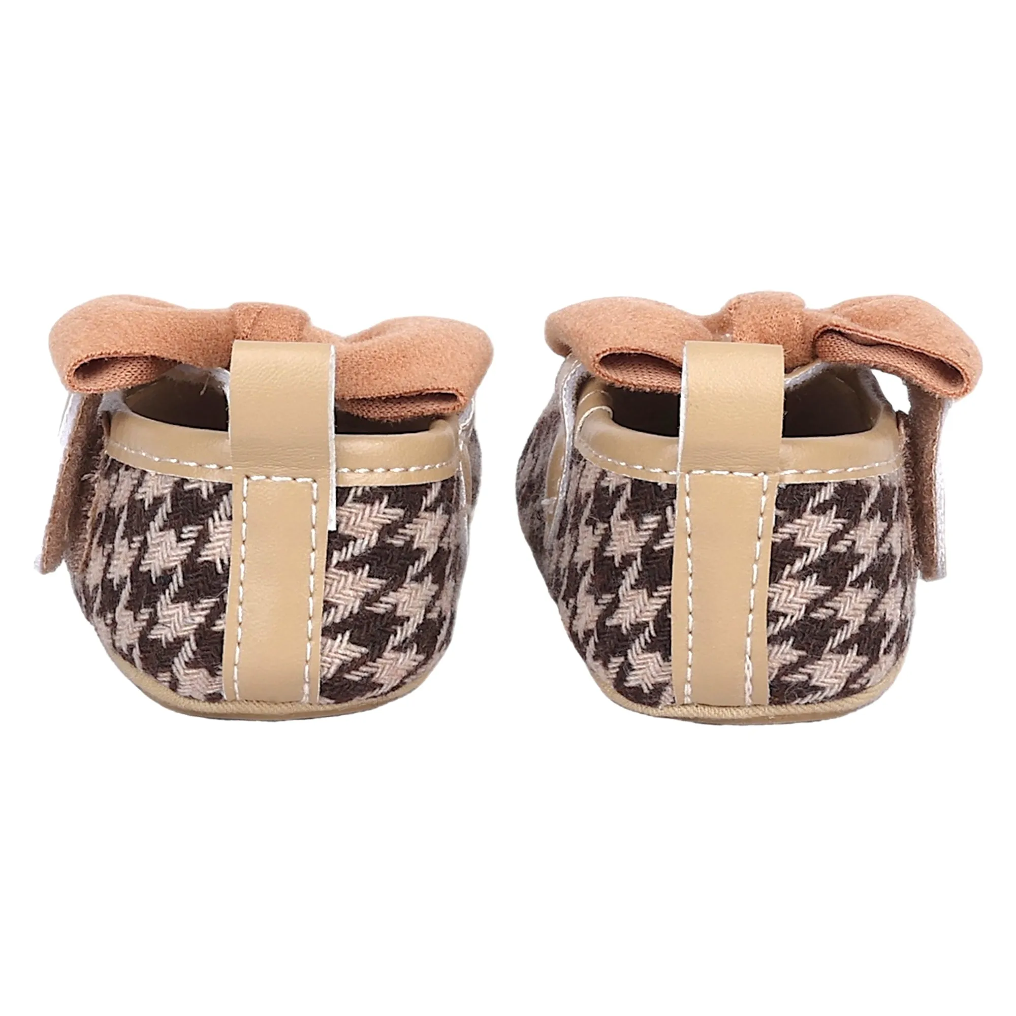 Baby Moo Houndstooth Print with Bow Velcro Strap Anti-Skid Ballerina Booties - Brown