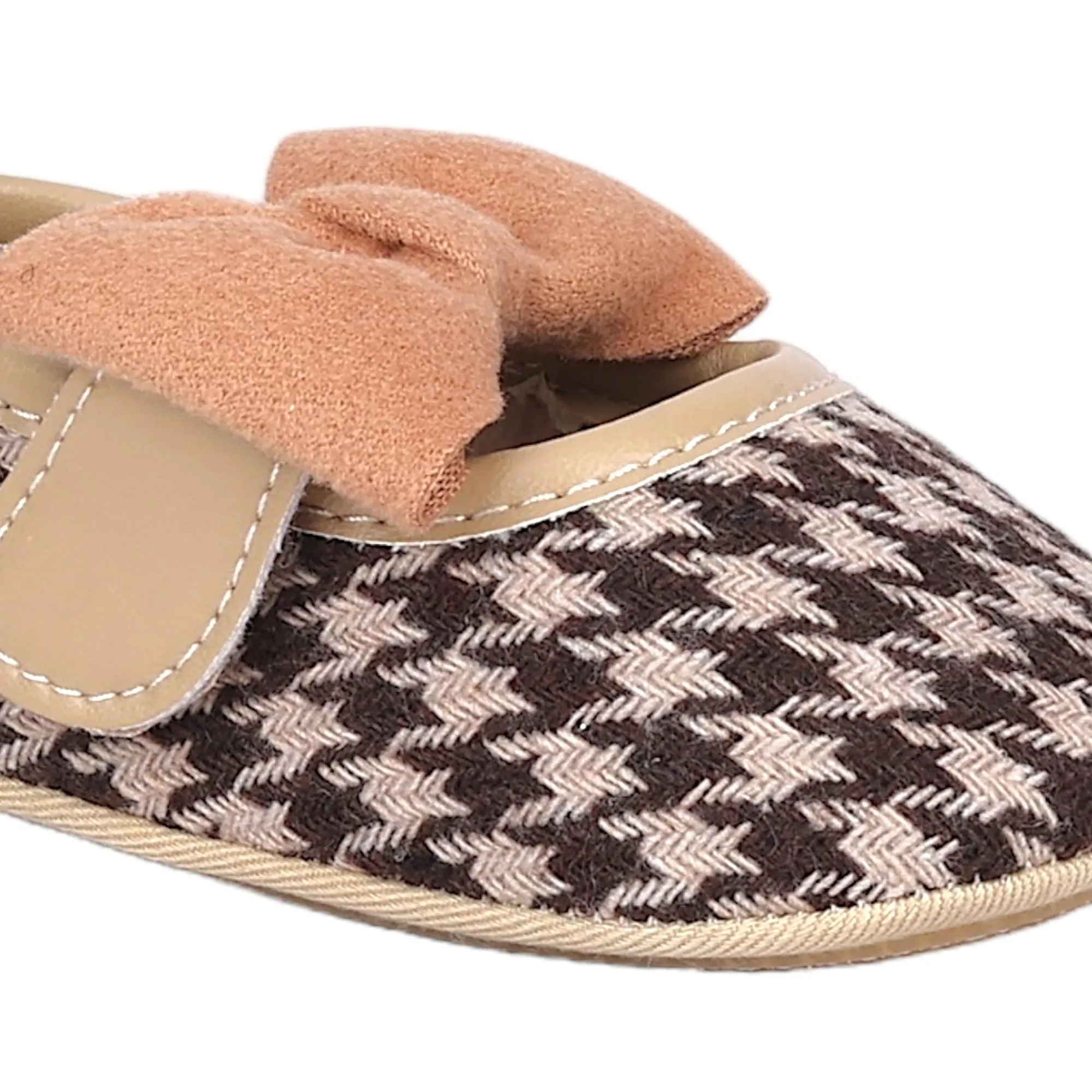 Baby Moo Houndstooth Print with Bow Velcro Strap Anti-Skid Ballerina Booties - Brown