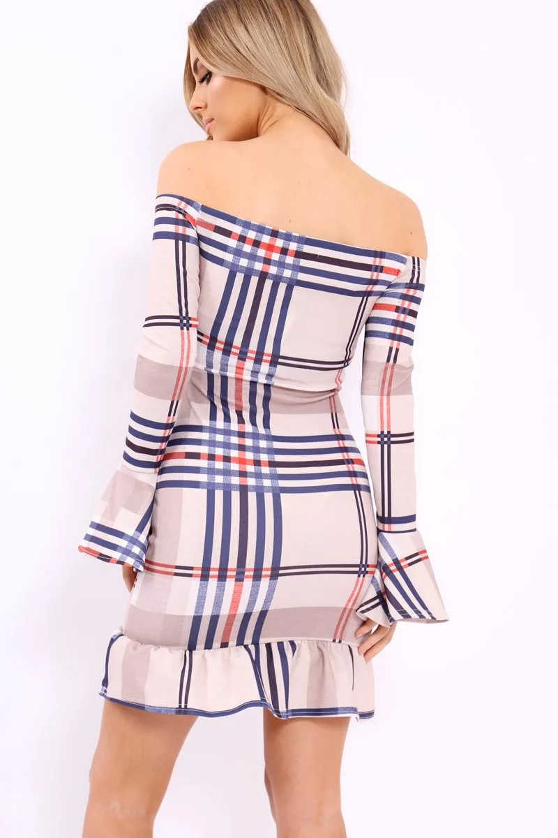 Beige Check Bardot Frill Dress - Eleonor