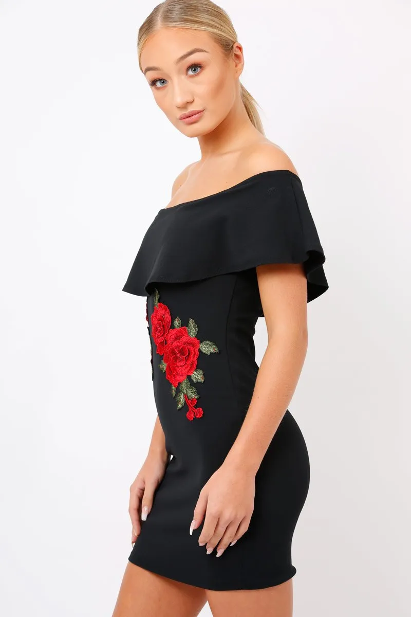 Black Bardot Frill Bodycon Applique Dress - Leticia