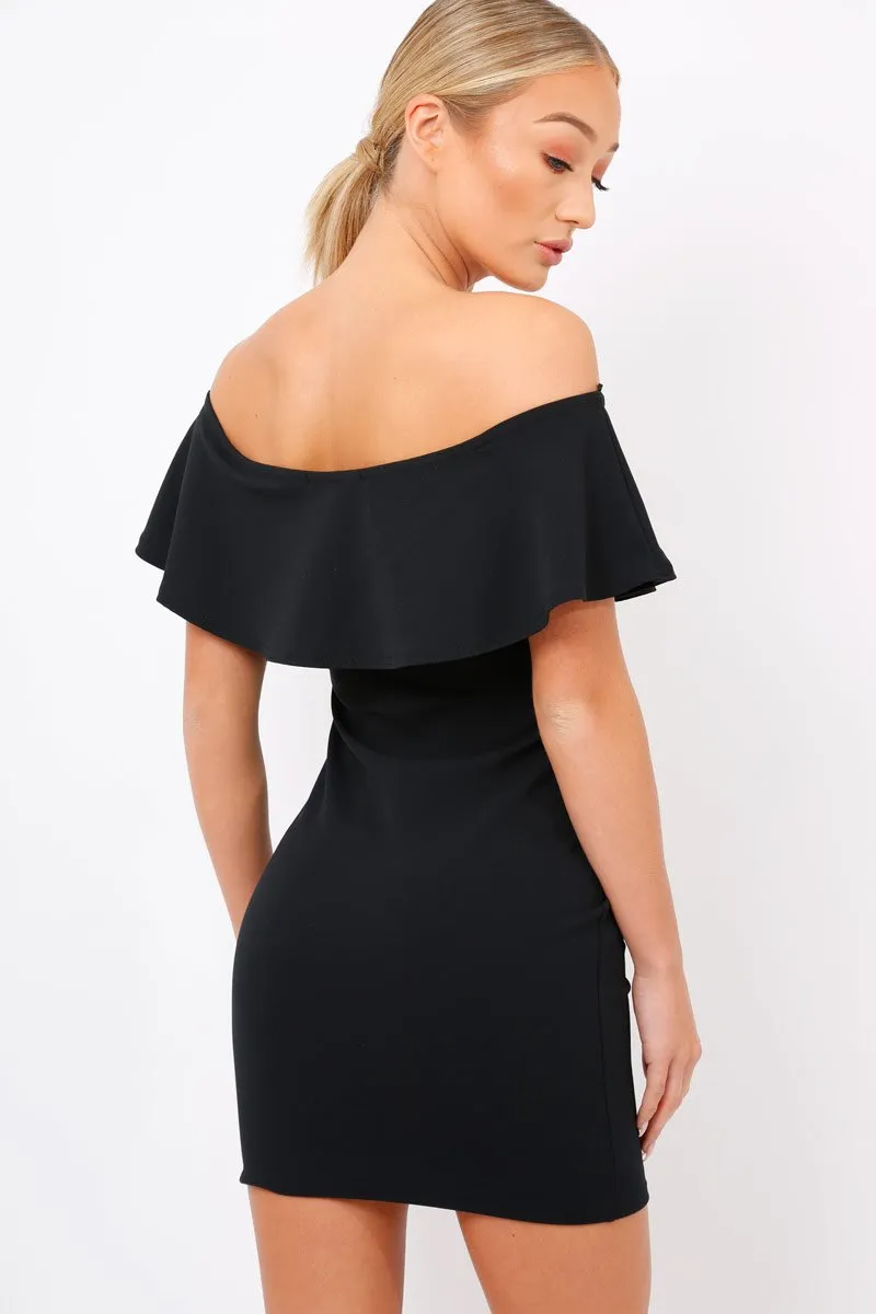 Black Bardot Frill Bodycon Applique Dress - Leticia