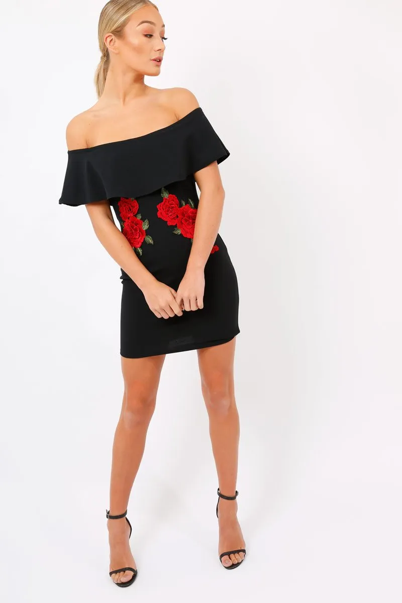 Black Bardot Frill Bodycon Applique Dress - Leticia