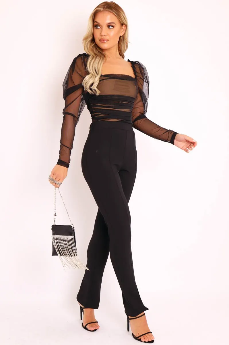 Black Split Front Flared Trousers - Florie