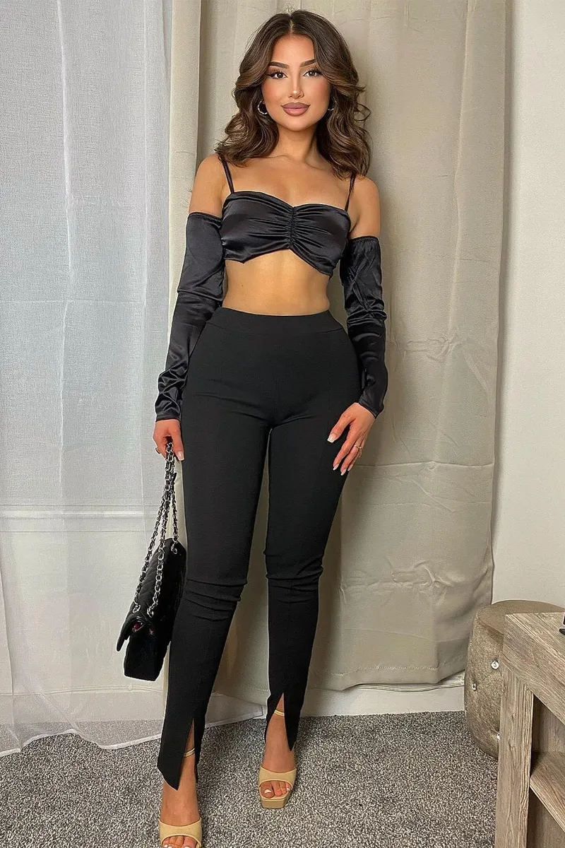 Black Split Front Flared Trousers - Florie