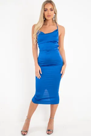 Blue Satin Cowl Neck Midi Bodycon Dress - Liliana