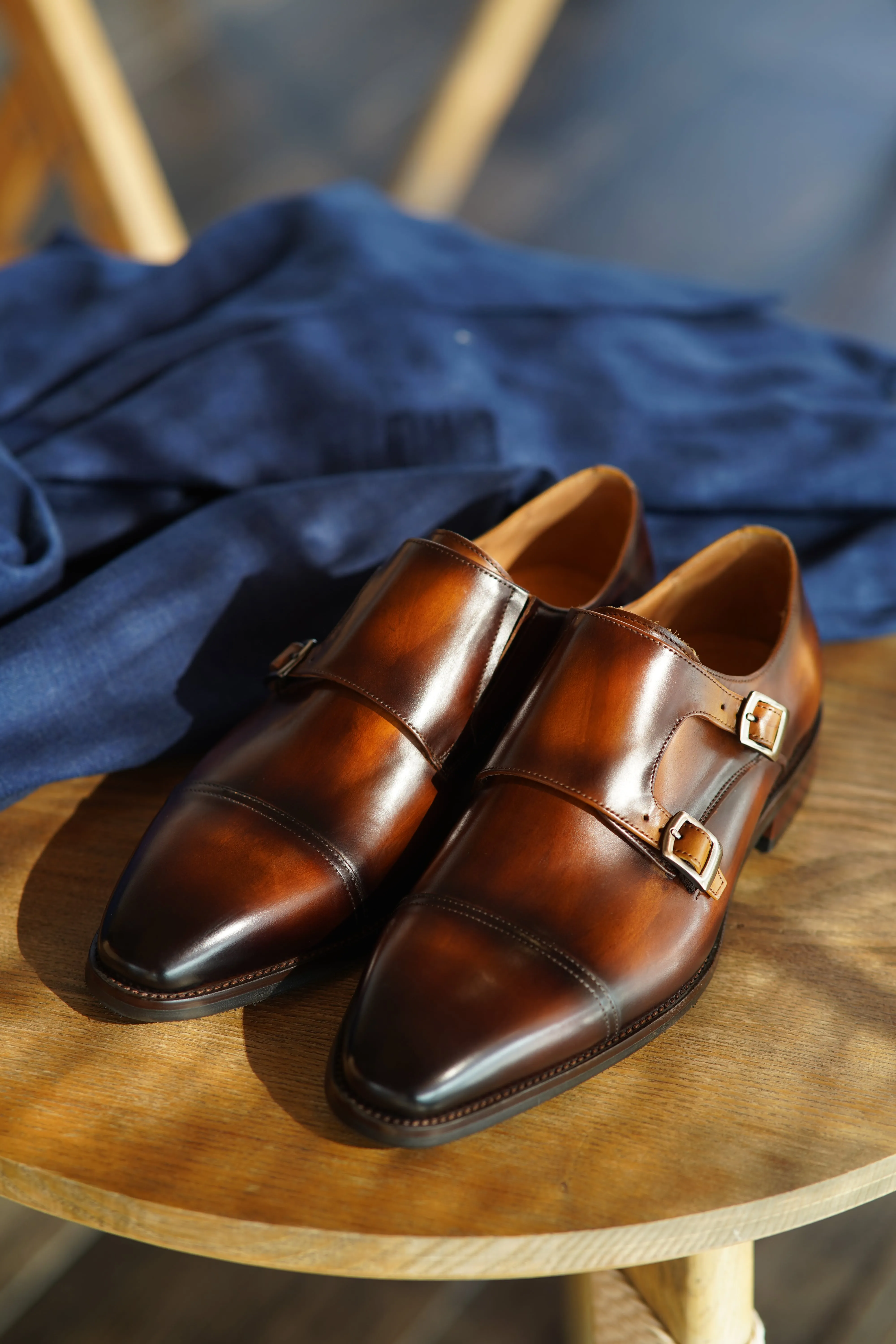 Brown Leather Double Monk Strap Shoes for Men