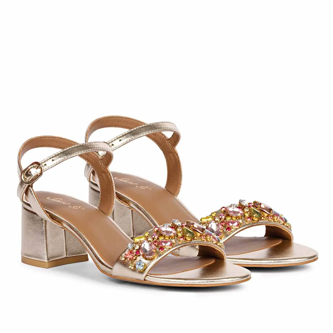 Saint Ella Multi Stones Decor Platin Leather Block Heels