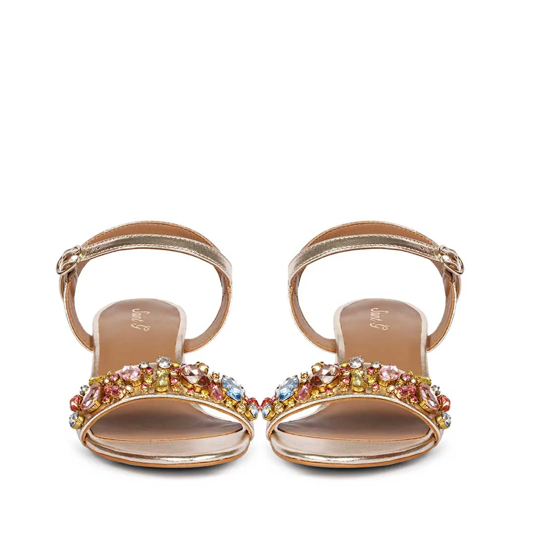 Saint Ella Multi Stones Decor Platin Leather Block Heels