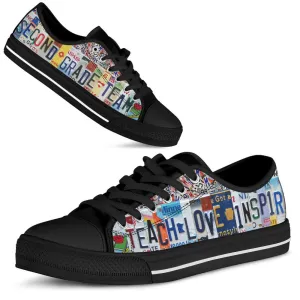 Second Grade Team License Plates Low Top Black Shoes, Teacher Shoes, Low Top Sneakers