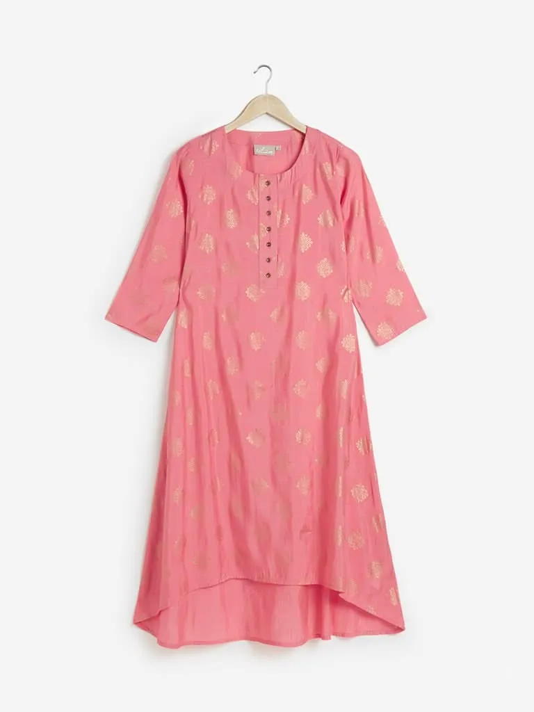 Utsa Pink Ethnic Print High-Low Kurta