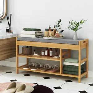 valiant Shoes Bench with Cushioned Seat, Entryway Shoes Rack Bed End Stool with Storage Shelves, Natural (up to 7 Shoes)