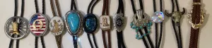 Vintage Lot of 11 Metal Bolo Ties, Flag, Turquoise, Cowboy Boots, Arrowhead, Bull, More, Nice Western Designs, Quality, Heavy Duty