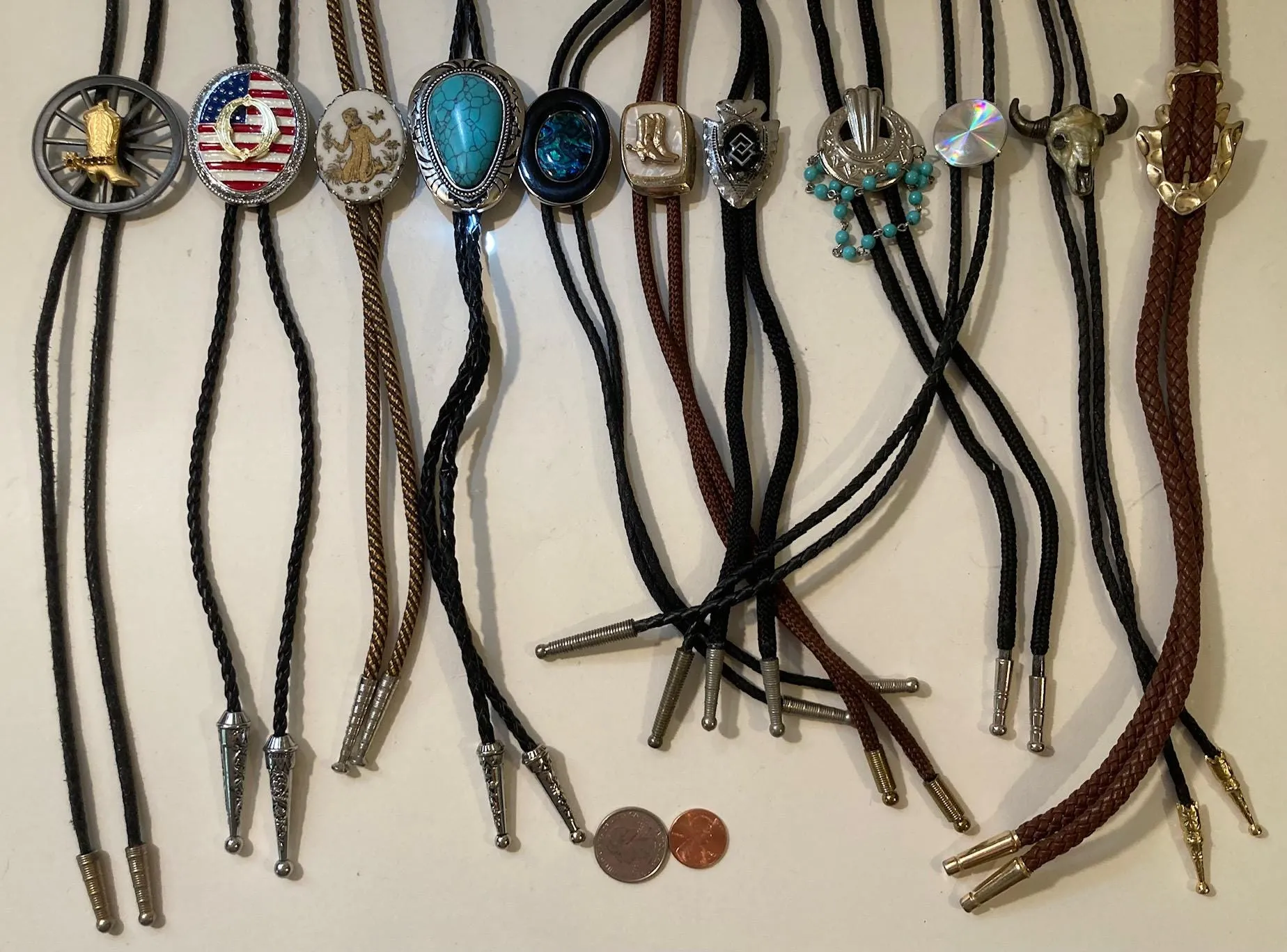 Vintage Lot of 11 Metal Bolo Ties, Flag, Turquoise, Cowboy Boots, Arrowhead, Bull, More, Nice Western Designs, Quality, Heavy Duty