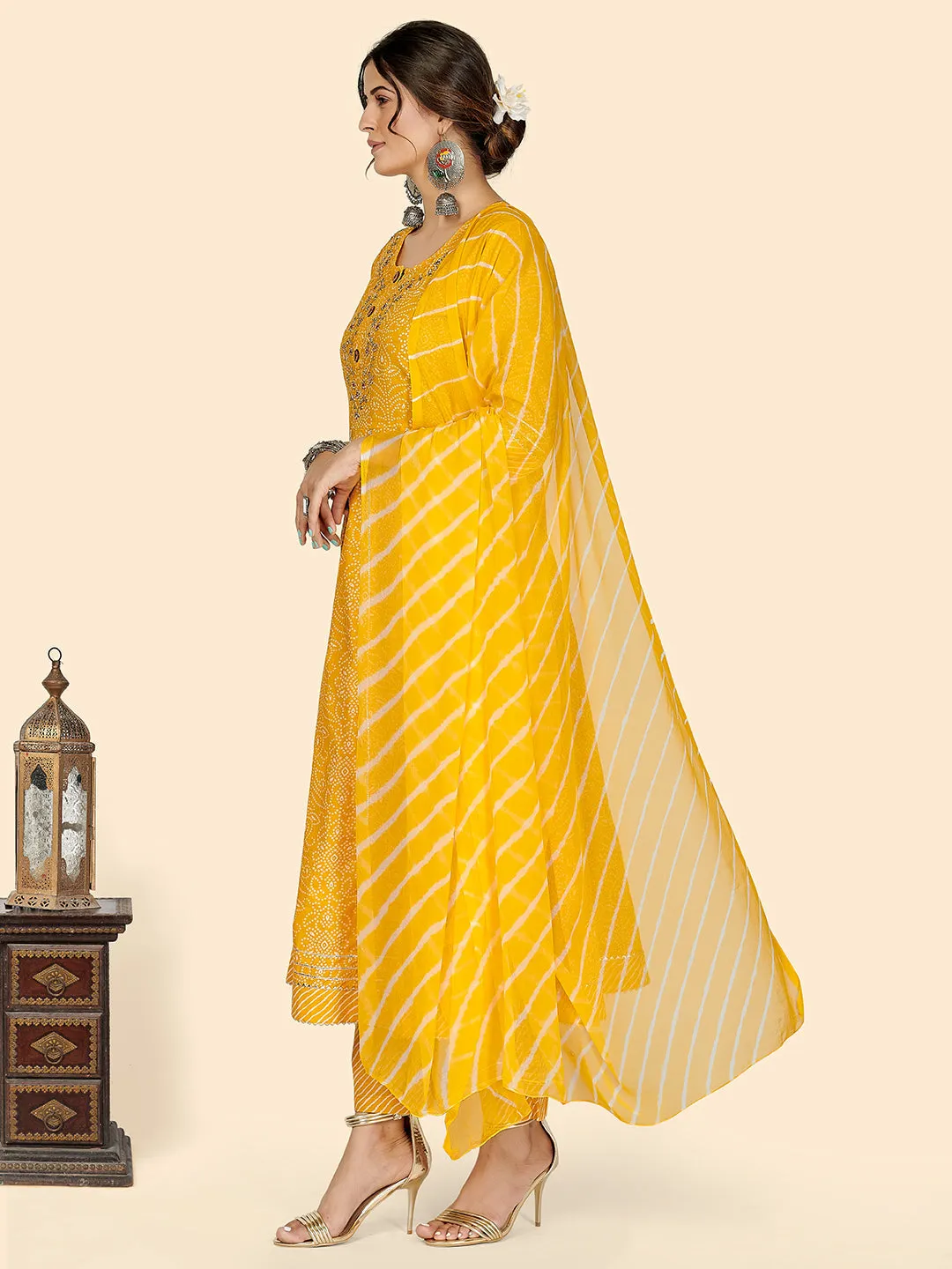 Women'S Bandhani & Embroidered Anarkali Cotton Yellow Stitched Kurta Pant With Dupatta