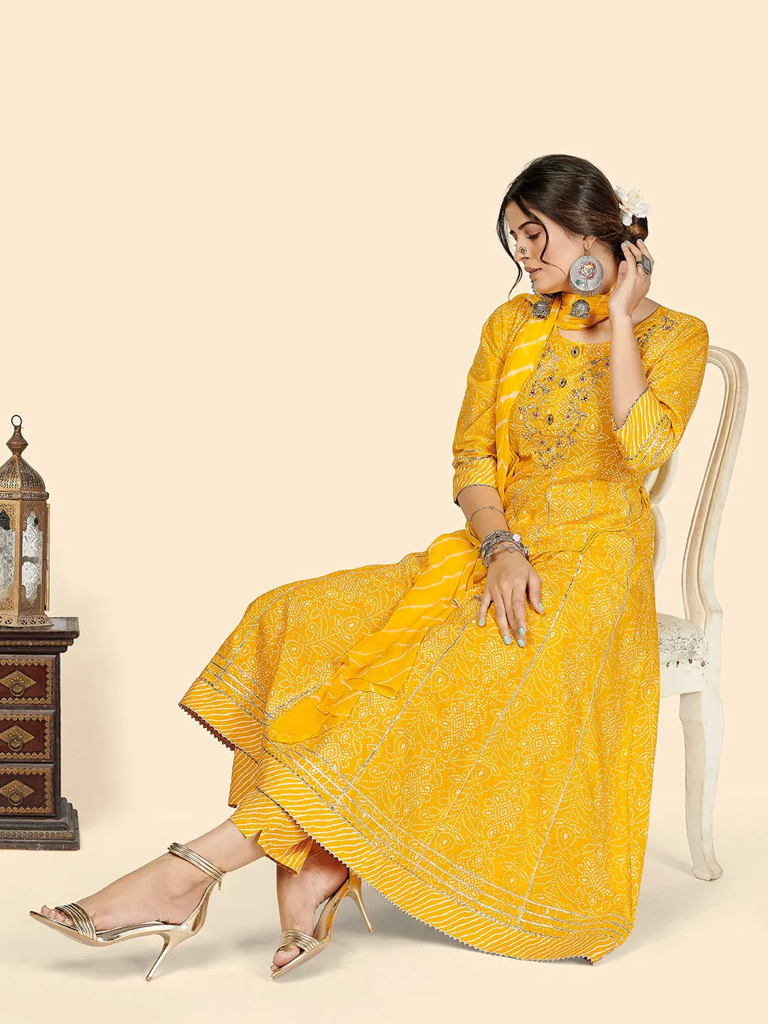 Women'S Bandhani & Embroidered Anarkali Cotton Yellow Stitched Kurta Pant With Dupatta