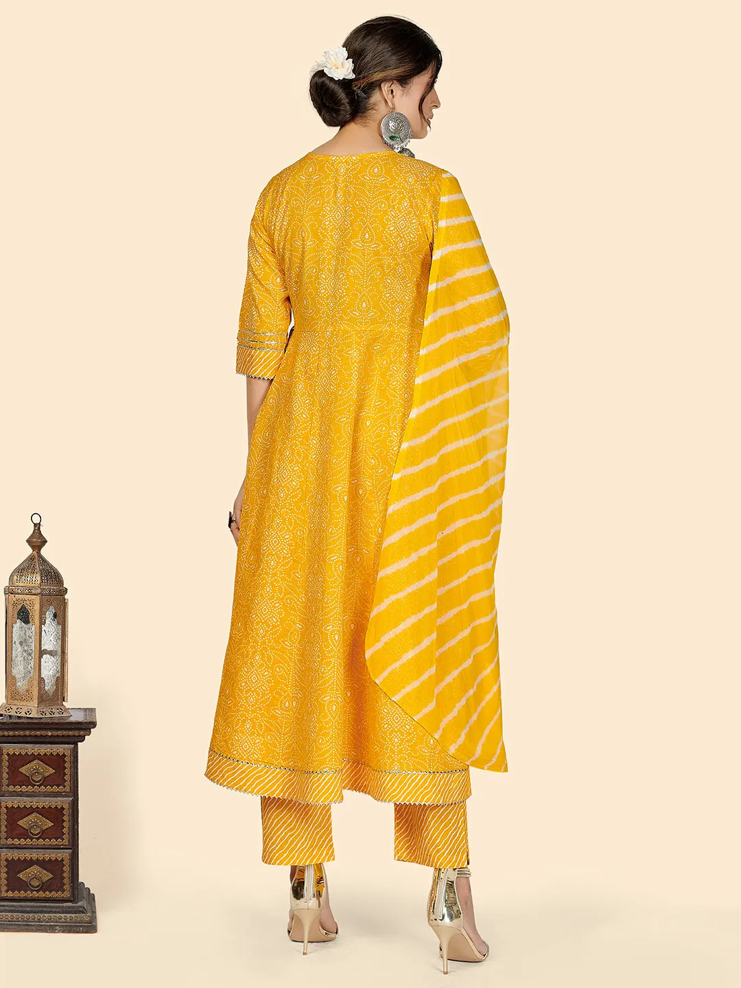 Women'S Bandhani & Embroidered Anarkali Cotton Yellow Stitched Kurta Pant With Dupatta