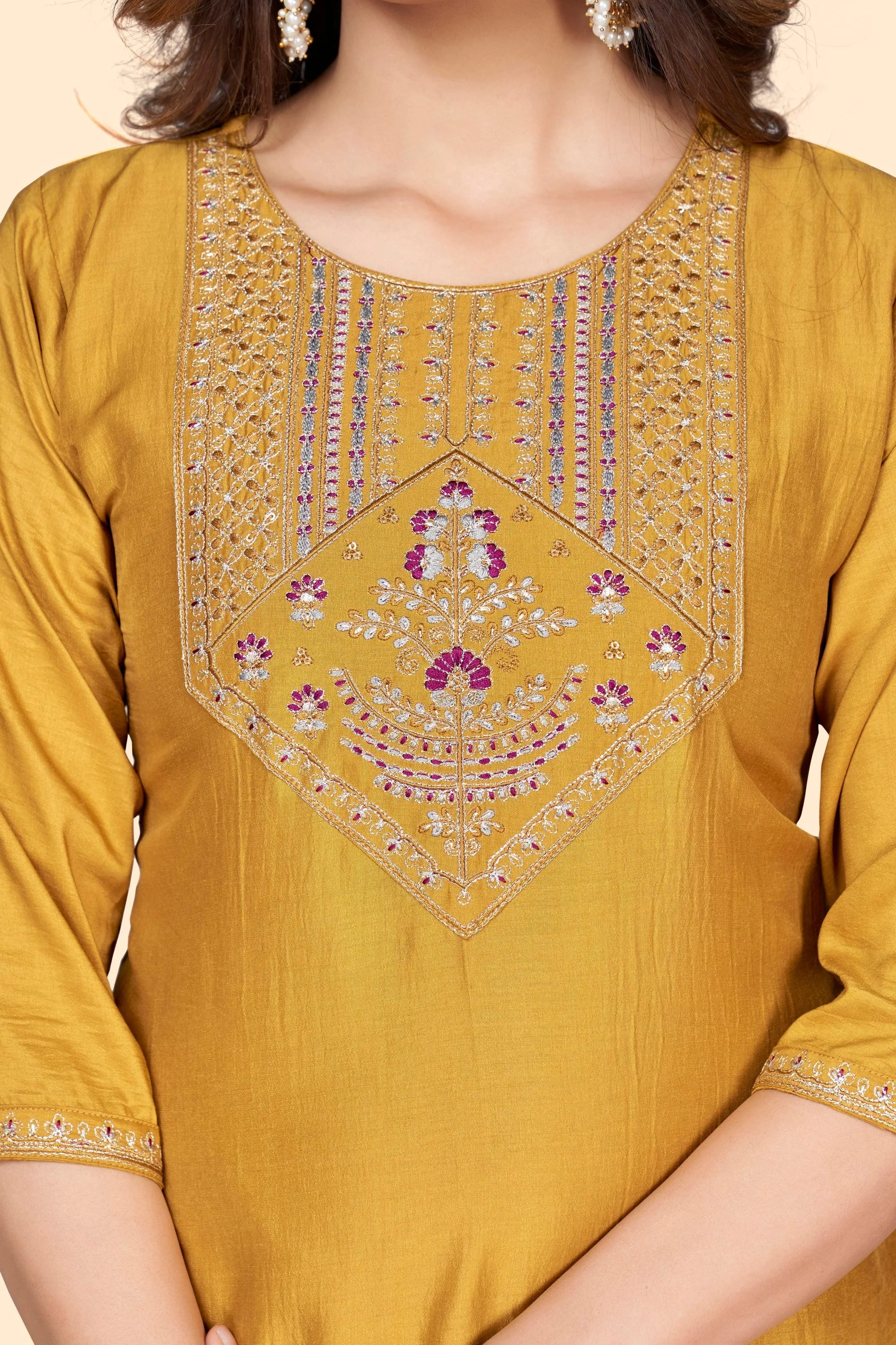 Women'S Embroidered Straight Chinon Yellow Stitched Kurta Pant With Dupatta