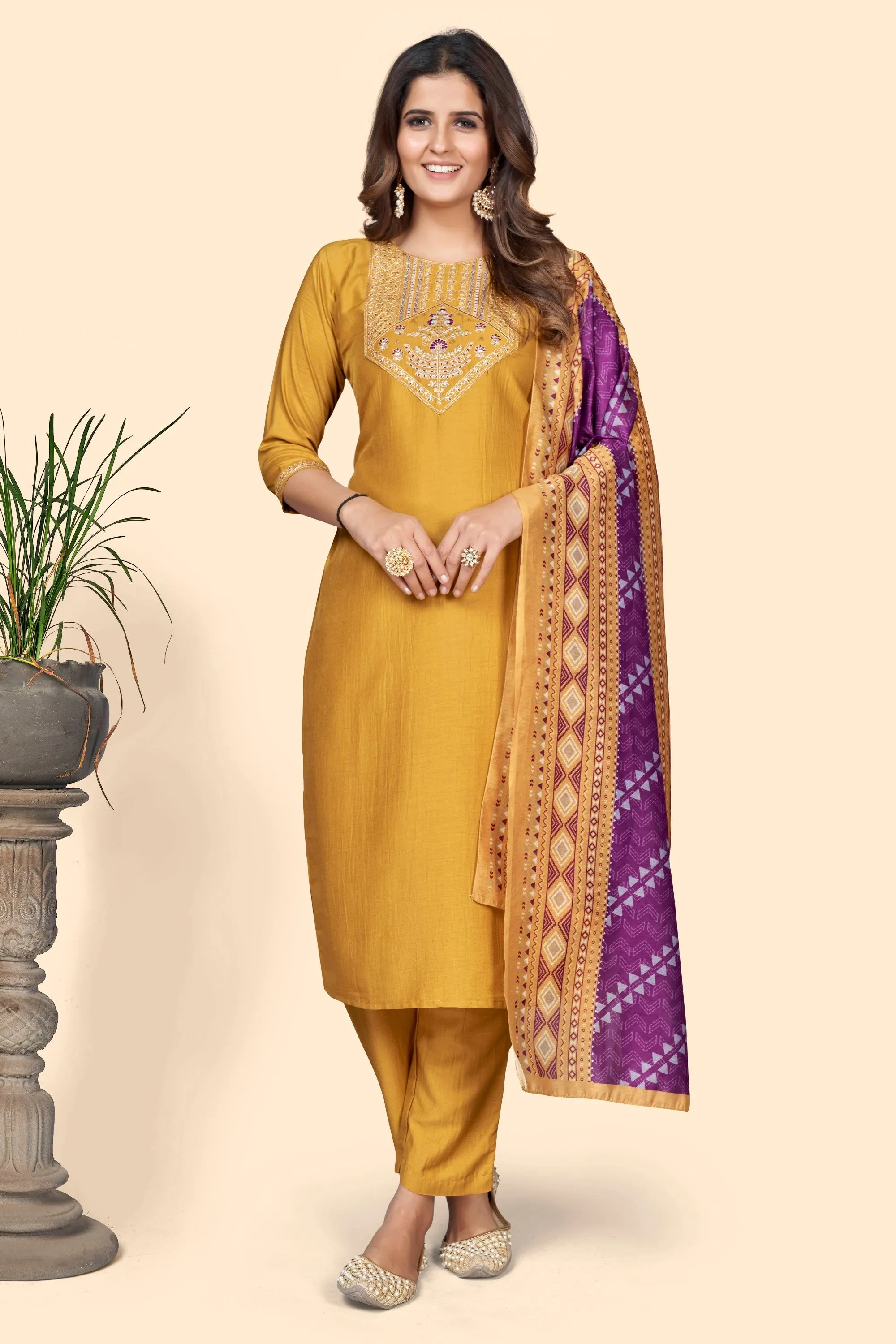 Women'S Embroidered Straight Chinon Yellow Stitched Kurta Pant With Dupatta