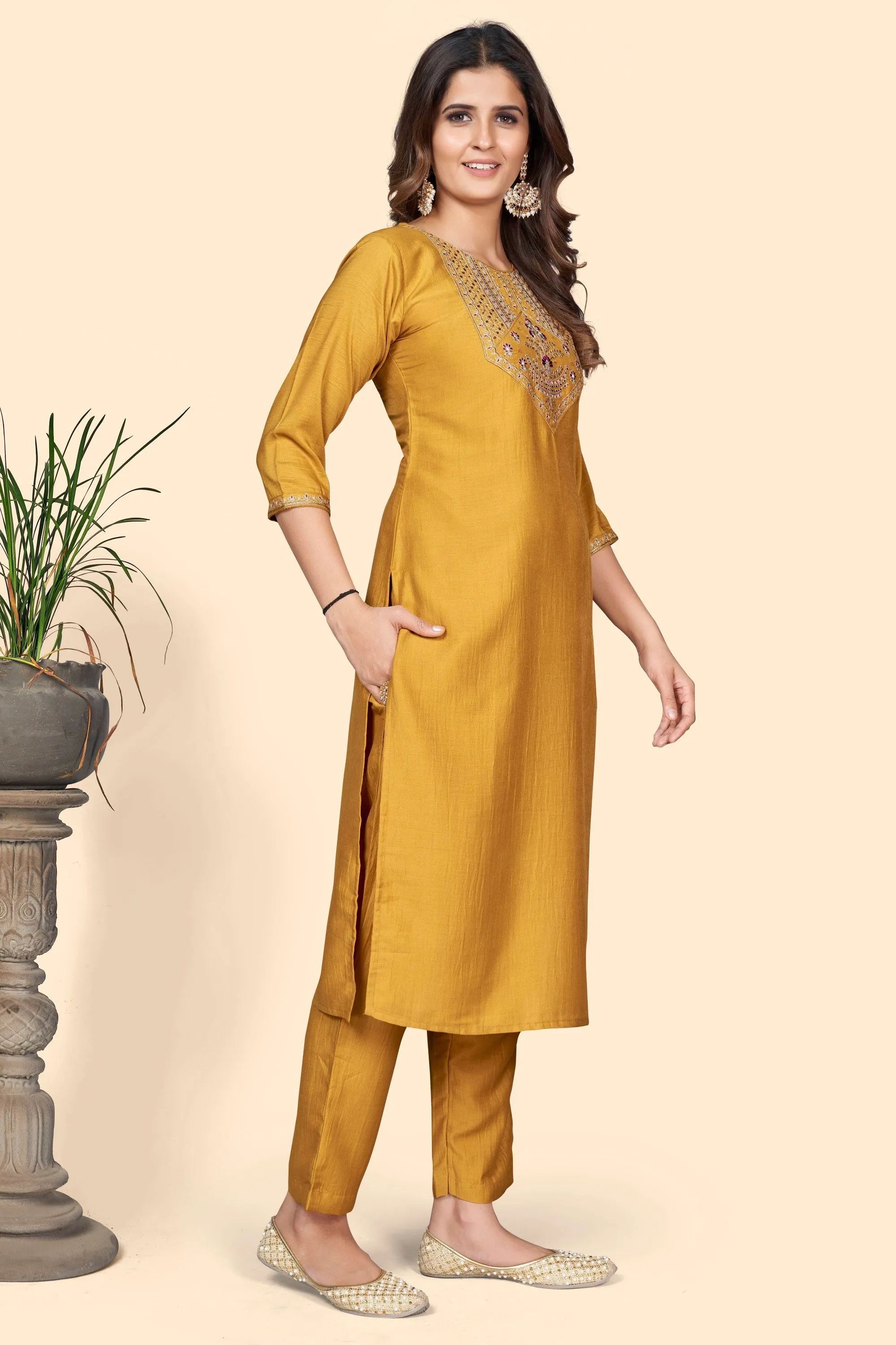 Women'S Embroidered Straight Chinon Yellow Stitched Kurta Pant With Dupatta