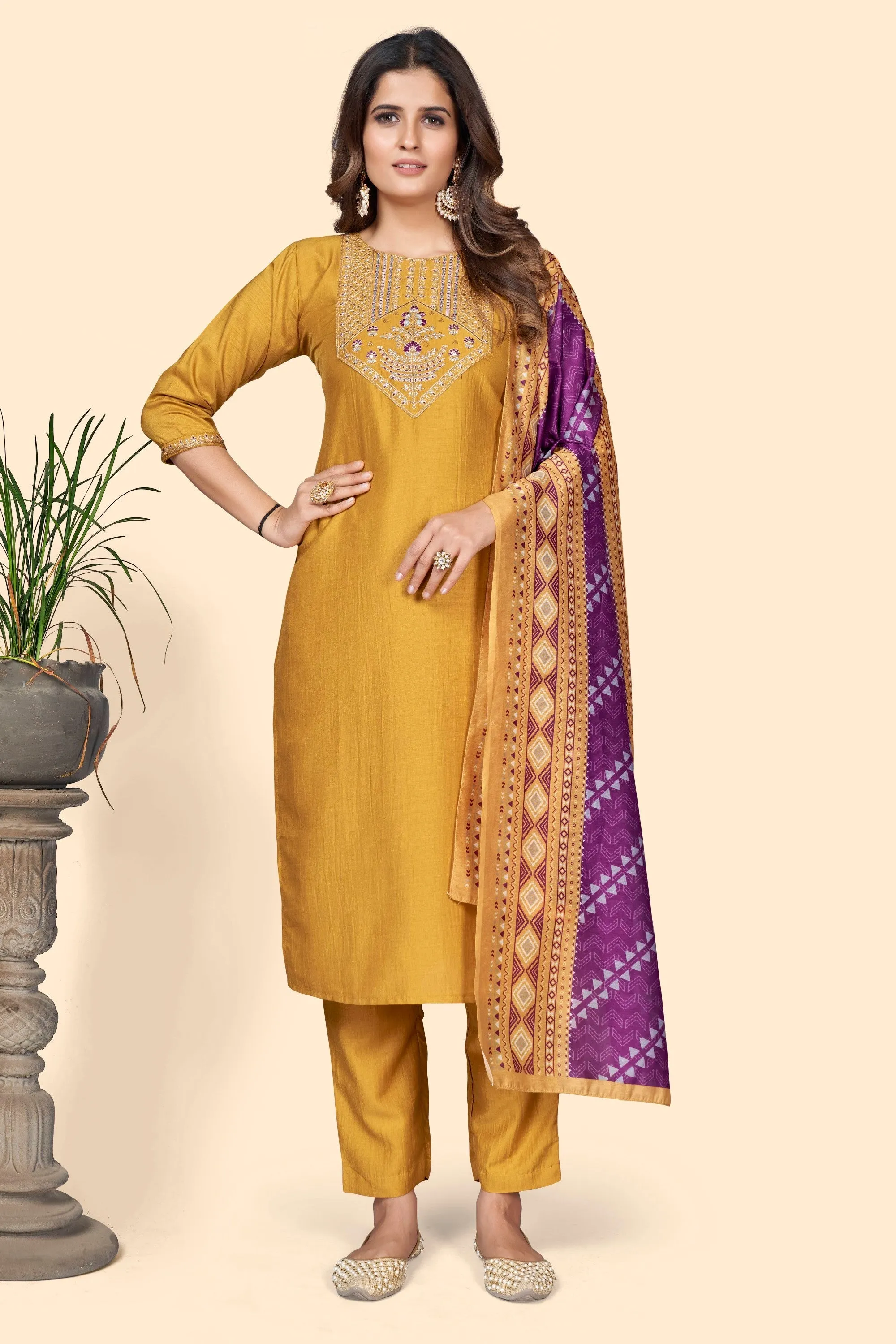 Women'S Embroidered Straight Chinon Yellow Stitched Kurta Pant With Dupatta