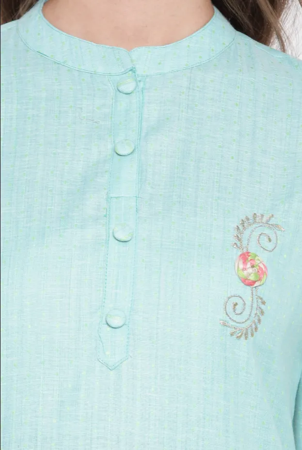 Women'S Embroidered/Solid Straight Cotton Sky Blue Kurta (1Pc)