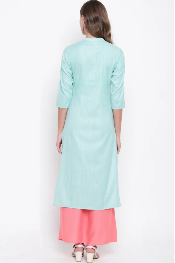 Women'S Embroidered/Solid Straight Cotton Sky Blue Kurta (1Pc)