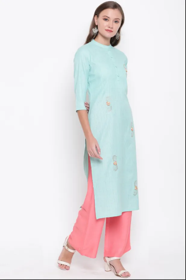 Women'S Embroidered/Solid Straight Cotton Sky Blue Kurta (1Pc)