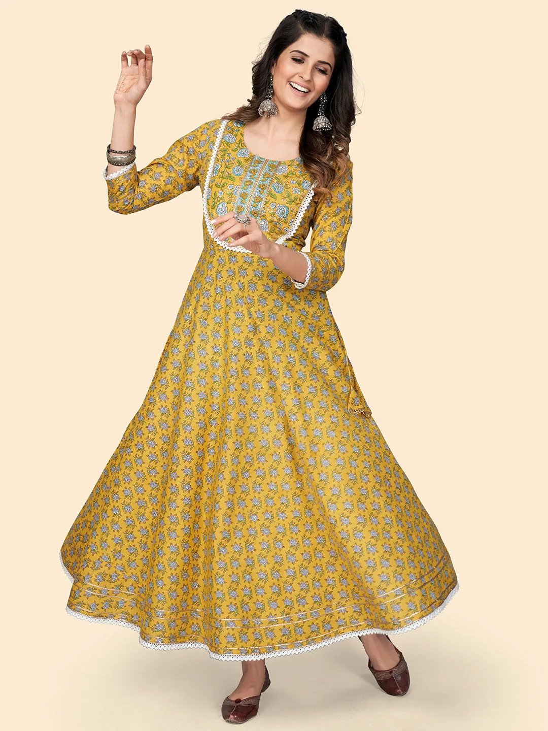 Women'S Print & Lace Work Anarkali Cotton Yellow Stitched Kurta