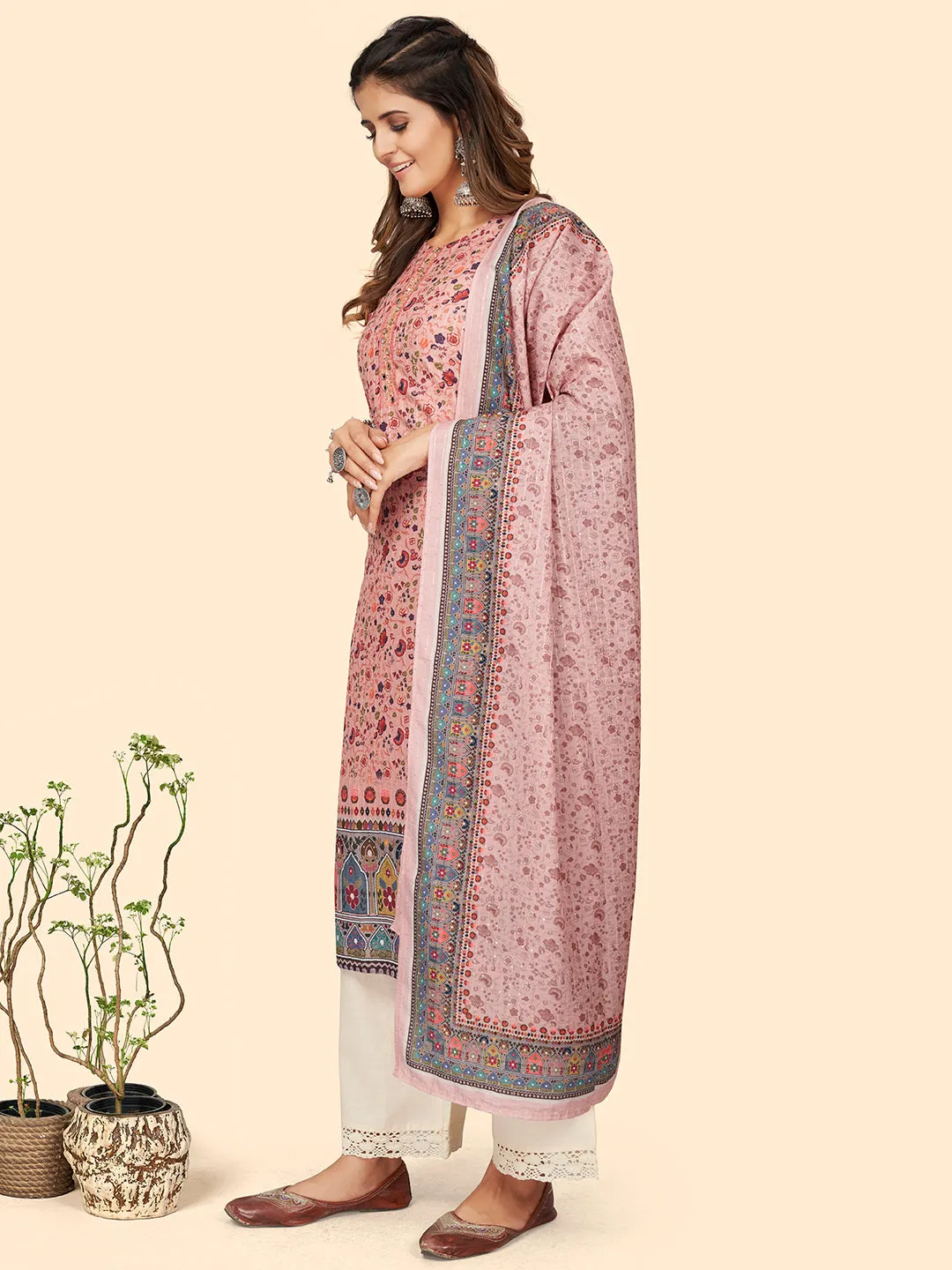 Women'S Print & Sequience Straight Musline Pink Stitched Kurta With Dupatta