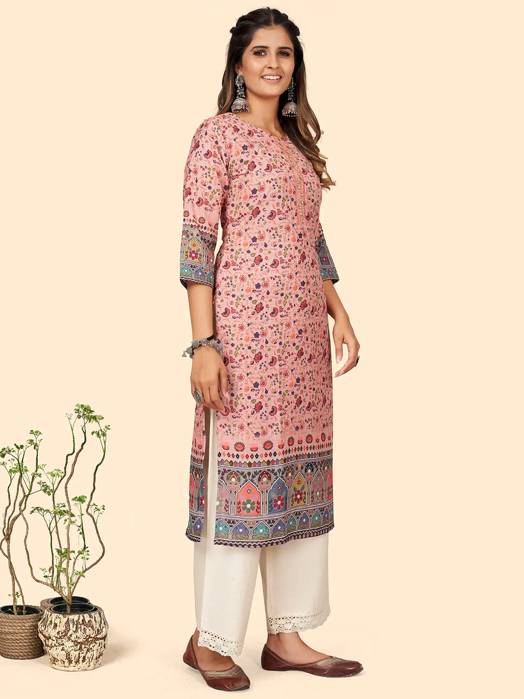 Women'S Print & Sequience Straight Musline Pink Stitched Kurta With Dupatta