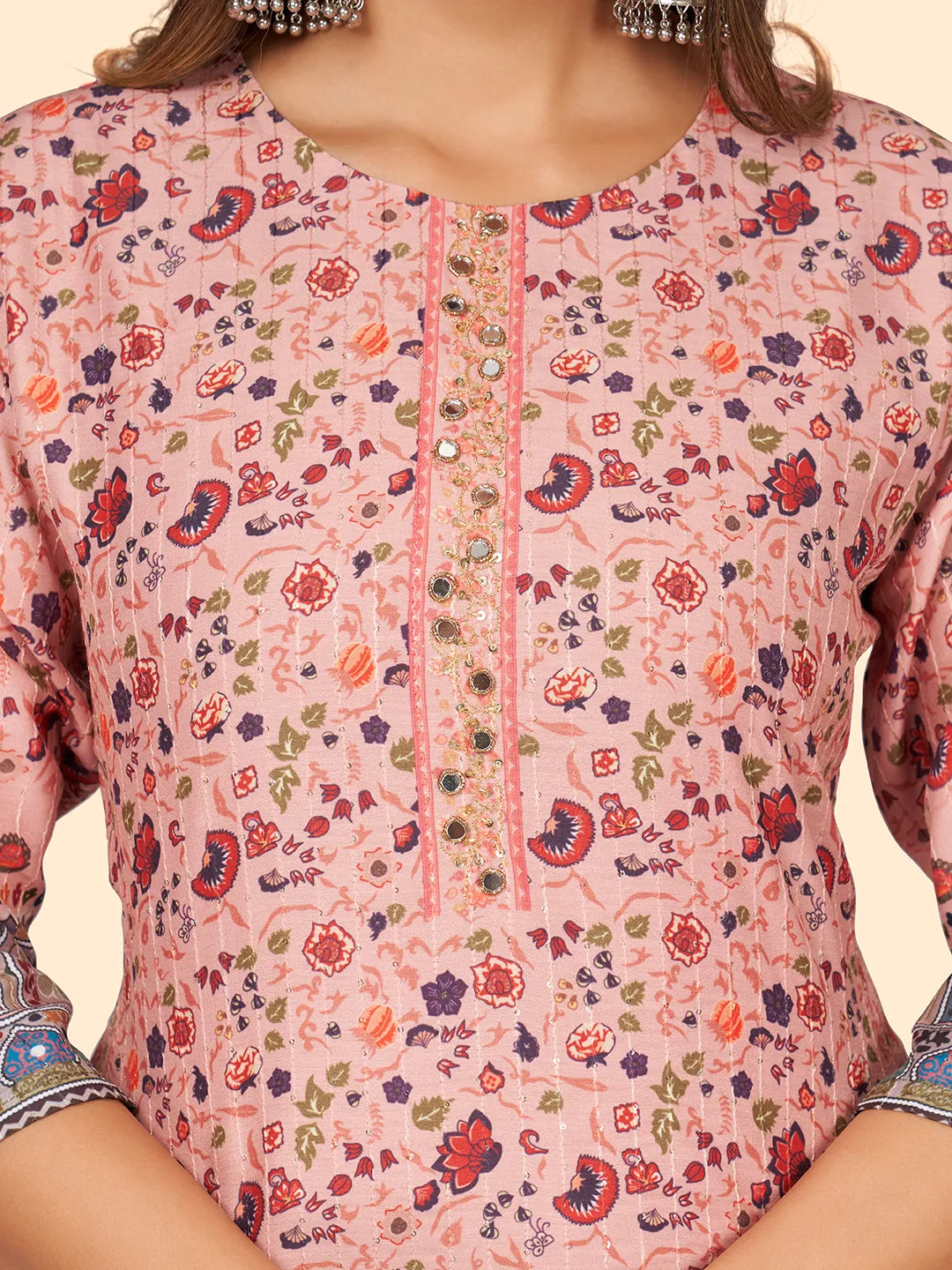 Women'S Print & Sequience Straight Musline Pink Stitched Kurta With Dupatta