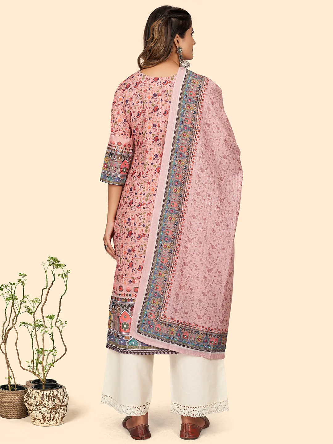 Women'S Print & Sequience Straight Musline Pink Stitched Kurta With Dupatta