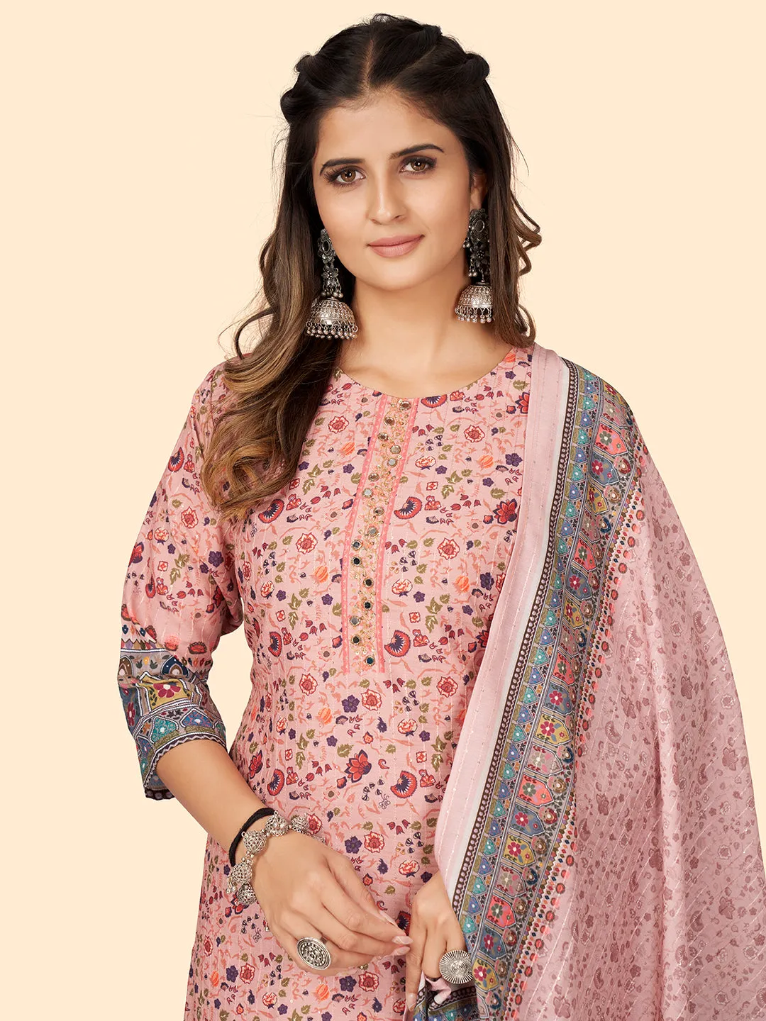 Women'S Print & Sequience Straight Musline Pink Stitched Kurta With Dupatta