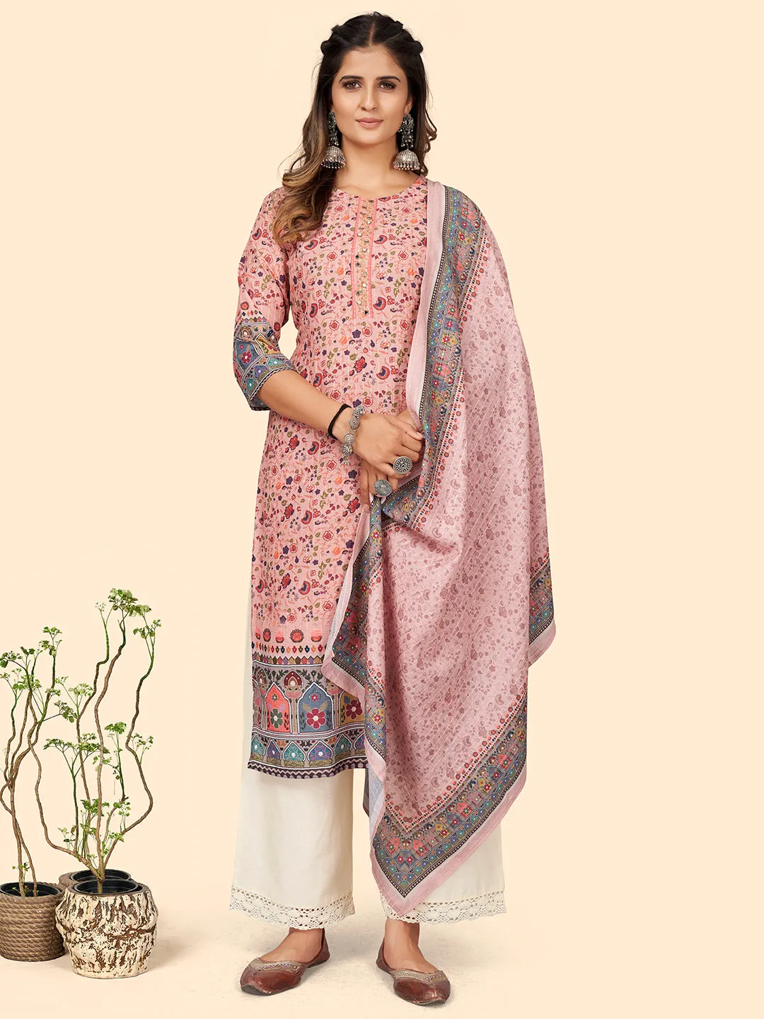 Women'S Print & Sequience Straight Musline Pink Stitched Kurta With Dupatta