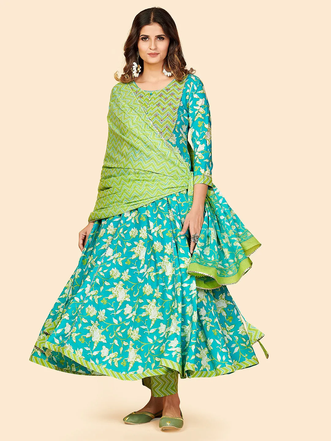 Women'S Printed & Embroidered Anarkali Cotton Aqua Stitched Kurta Pant With Dupatta