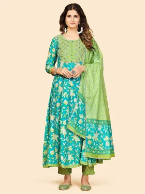 Women'S Printed & Embroidered Anarkali Cotton Aqua Stitched Kurta Pant With Dupatta