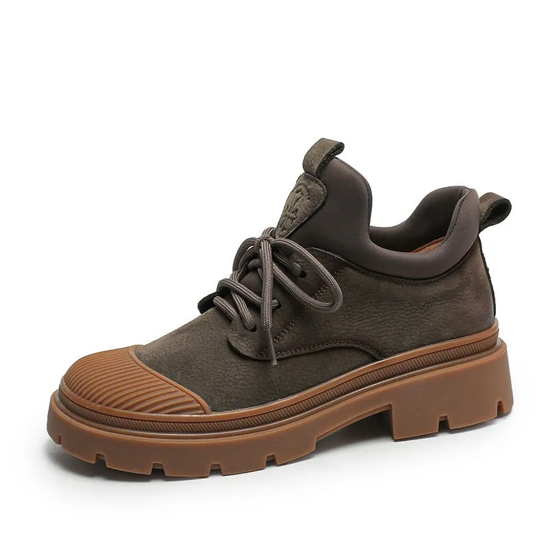 Women's Rubber Toe Low Lace-up Boot in Nubuck Leather in Brown/Gray