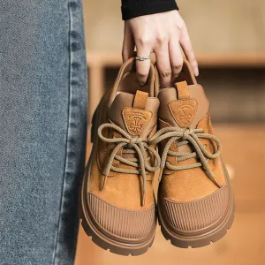 Women's Rubber Toe Low Lace-up Boot in Nubuck Leather in Brown/Gray